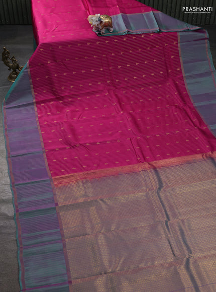 Kanchipuram silk saree pink and dual shade of teal blue with allover zari weaves & buttas and zari woven border