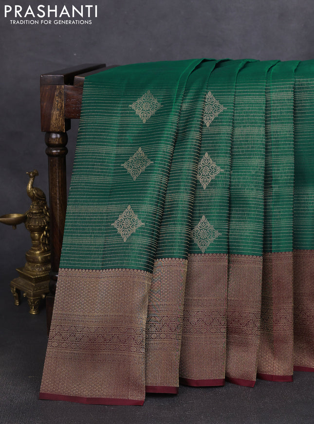 Kanchipuram silk saree teal green and maroon with allover zari weaves & buttas and long zari woven border