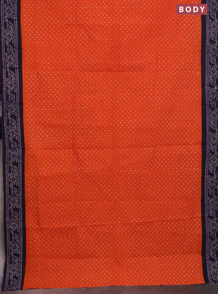 Sungudi cotton saree orange and navy blue with allover batik prints and printed border