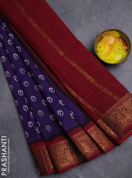 Sungudi cotton saree violet and maroon with allover batik prints and zari woven border