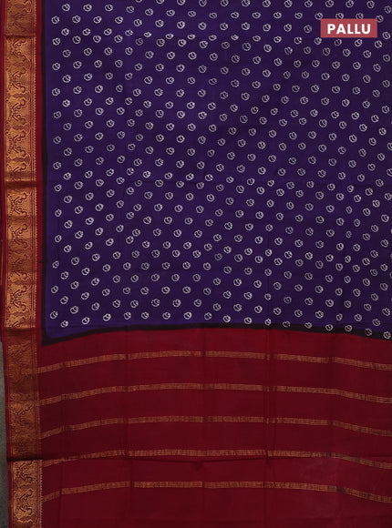 Sungudi cotton saree violet and maroon with allover batik prints and zari woven border