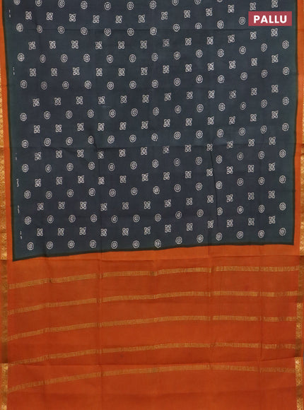 Sungudi cotton saree dark sap green and mustard yellow with allover batik prints and zari woven border