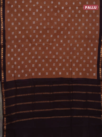 Sungudi cotton saree dark sandal and wine shade with allover batik prints and zari woven border