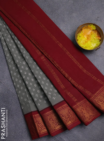 Sungudi cotton saree grey and maroon with allover butta prints and zari woven border