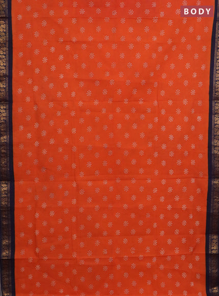 Sungudi cotton saree orange and navy blue with allover batik prints and zari woven border