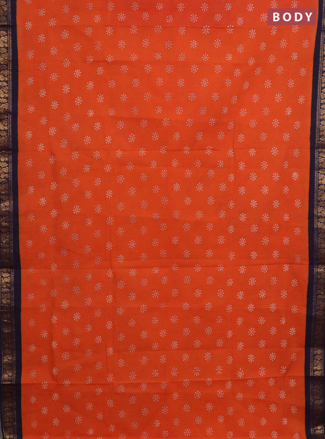 Sungudi cotton saree orange and navy blue with allover batik prints and zari woven border
