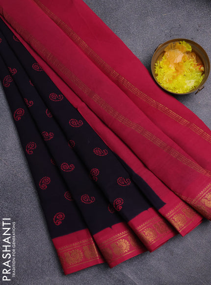 Sungudi cotton saree navy blue and pink with allover batik prints and zari woven border
