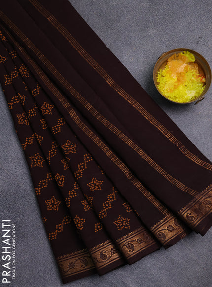Sungudi cotton saree coffee brown with allover batik prints and zari woven border