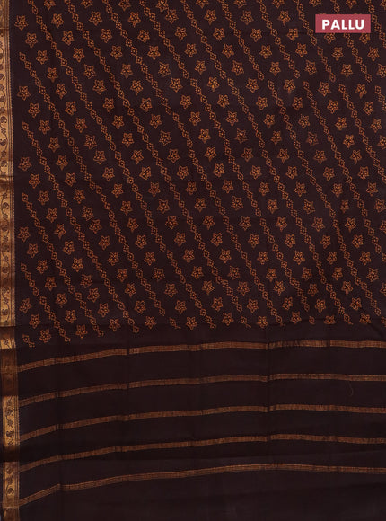 Sungudi cotton saree coffee brown with allover batik prints and zari woven border