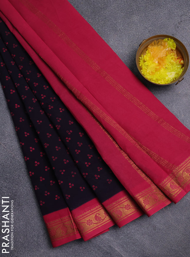 Sungudi cotton saree navy blue and pink with allover batik prints and zari woven border