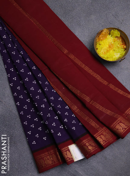 Sungudi cotton saree deep violet and maroon with allover batik prints and zari woven border
