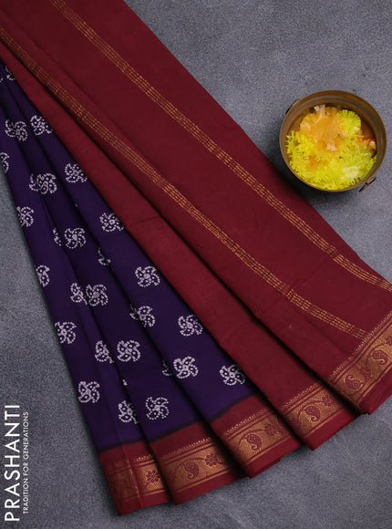 Sungudi cotton saree violet and maroon with allover batik prints and zari woven border