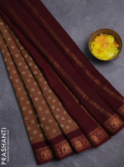 Sungudi cotton saree sandal and deep maroon with allover batik prints and zari woven border