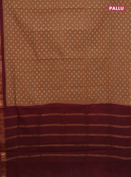 Sungudi cotton saree sandal and deep maroon with allover batik prints and zari woven border