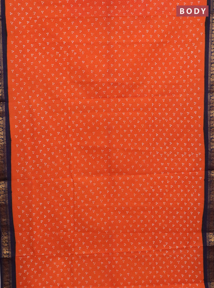 Sungudi cotton saree orange and navy blue with allover batik prints and zari woven border