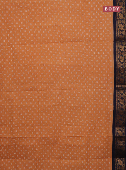Sungudi cotton saree sandal and navy blue with allover batik prints and zari woven border