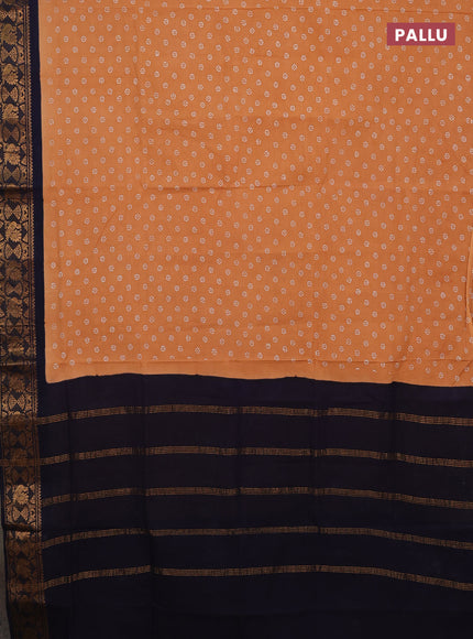 Sungudi cotton saree sandal and navy blue with allover batik prints and zari woven border