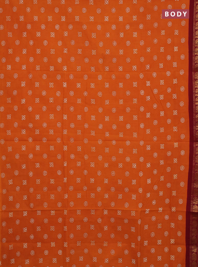 Sungudi cotton saree mustard yellow and maroon with allover batik prints and zari woven border