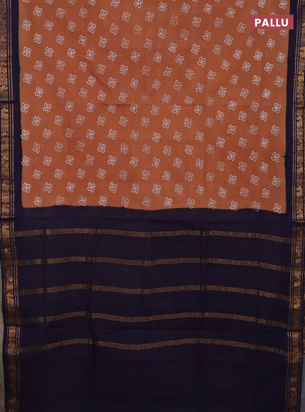 Sungudi cotton saree sandal and navy blue with allover batik prints and zari woven border