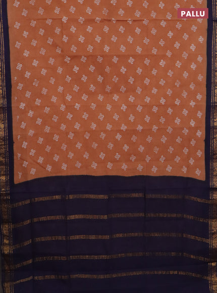 Sungudi cotton saree sandal and navy blue with allover batik prints and zari woven border