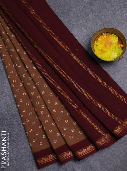 Sungudi cotton saree dark sandal and deep maroon with allover batik prints and zari woven border