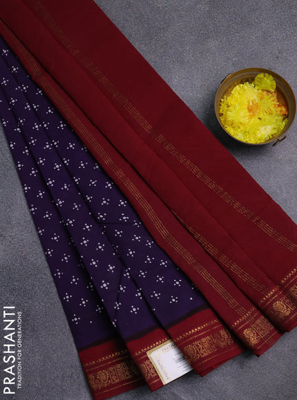 Sungudi cotton saree violet and deep maroon with allover batik prints and zari woven border
