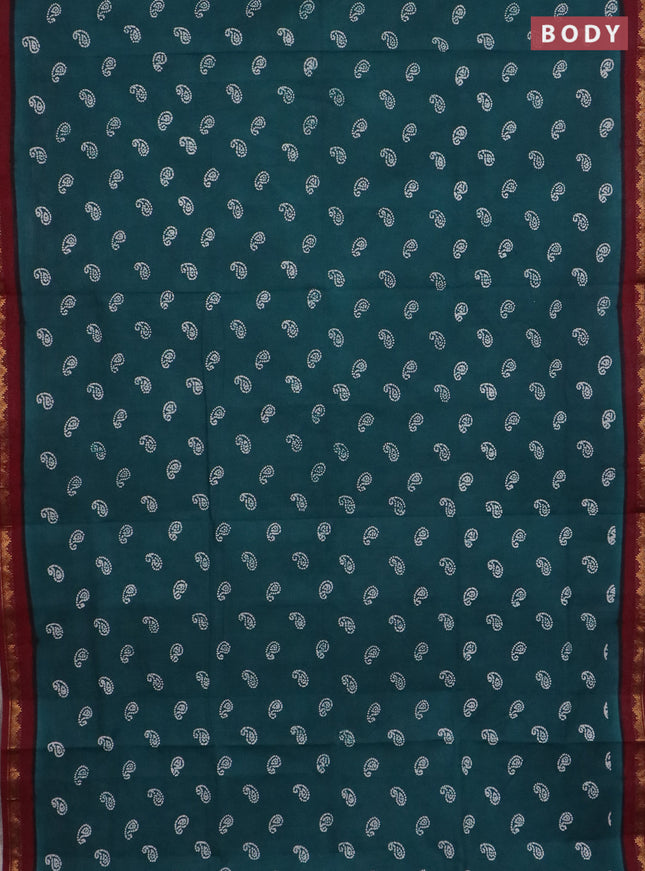 Sungudi cotton saree peacock green and maroon with allover paisley butta prints and zari woven border
