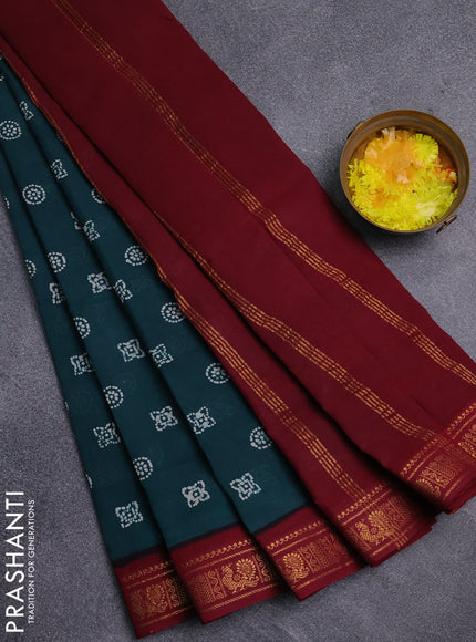 Sungudi cotton saree green and maroon with allover batik prints and zari woven border