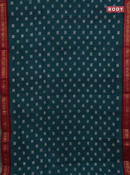 Sungudi cotton saree green and maroon with allover batik prints and zari woven border
