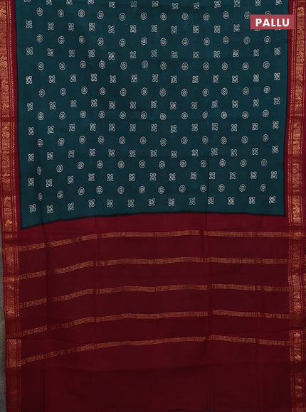 Sungudi cotton saree green and maroon with allover batik prints and zari woven border