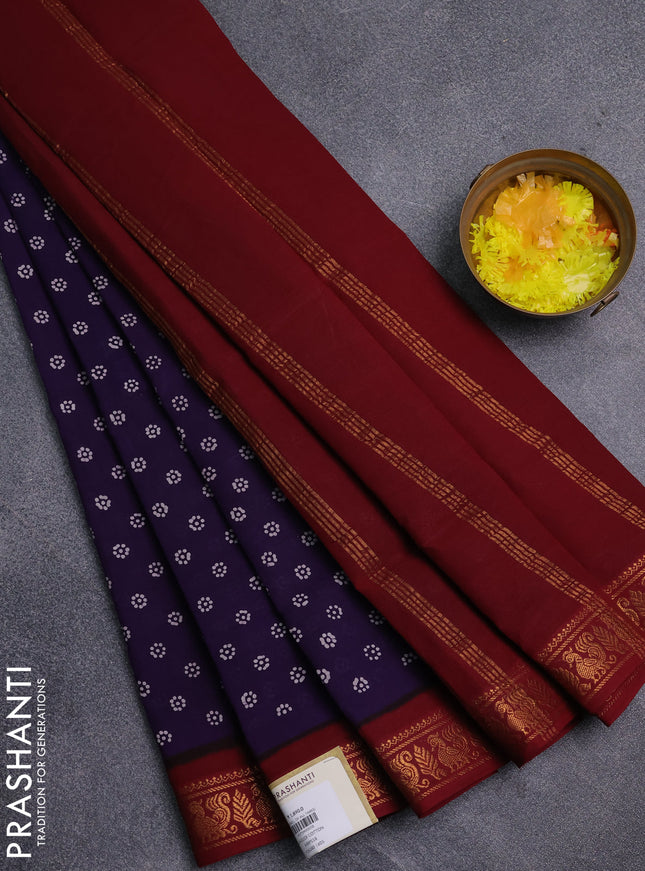 Sungudi cotton saree violet and maroon with allover batik prints and zari woven border
