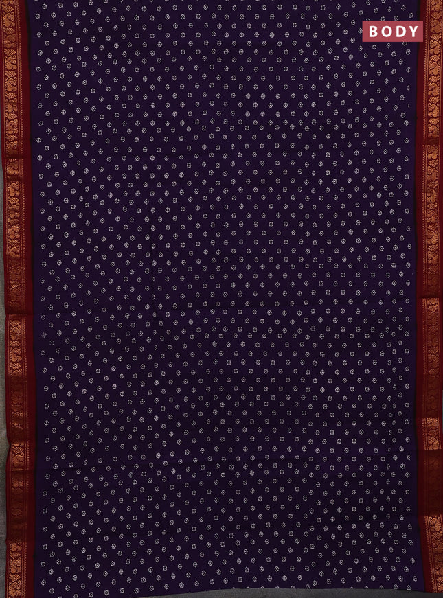 Sungudi cotton saree violet and maroon with allover batik prints and zari woven border