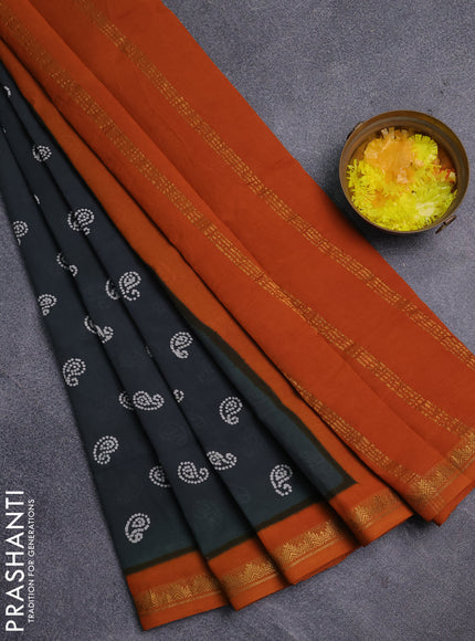 Sungudi cotton saree dark grey and dark mustard with allover batik prints and zari woven border