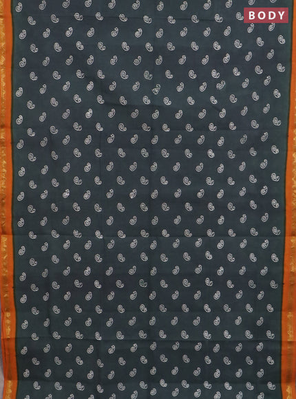 Sungudi cotton saree dark grey and dark mustard with allover batik prints and zari woven border