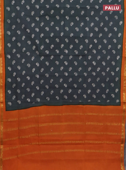 Sungudi cotton saree dark grey and dark mustard with allover batik prints and zari woven border