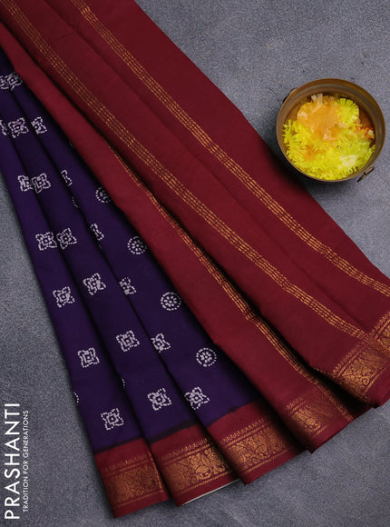 Sungudi cotton saree violet and deep maroon with allover batik prints and zari woven border