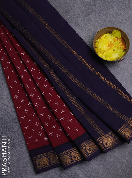 Sungudi cotton saree wine shade and navy blue with allover butta prints and zari woven border