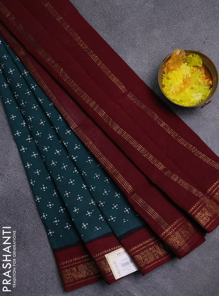 Sungudi cotton saree green and deep maroon with allover butta prints and zari woven border