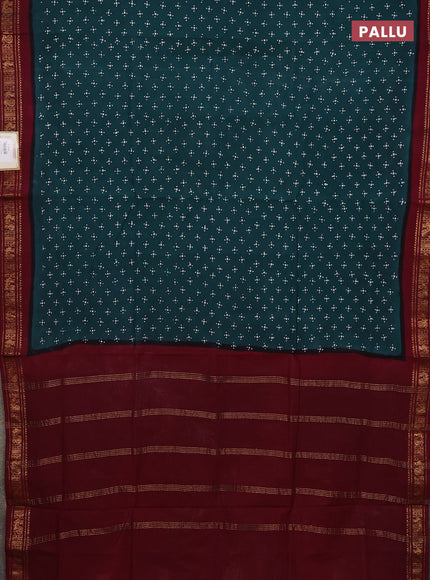 Sungudi cotton saree green and deep maroon with allover butta prints and zari woven border