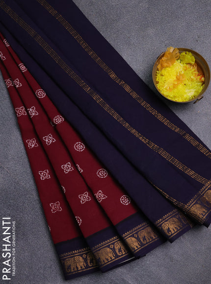 Sungudi cotton saree deep maroon and navy blue with allover batik prints and zari woven border