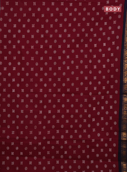Sungudi cotton saree deep maroon and navy blue with allover batik prints and zari woven border