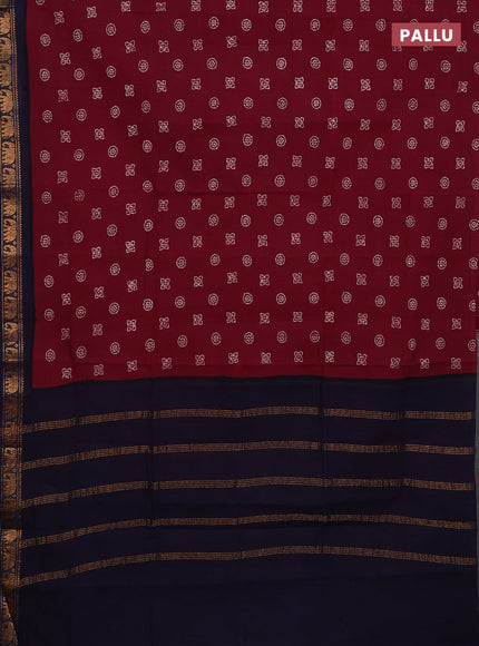 Sungudi cotton saree deep maroon and navy blue with allover batik prints and zari woven border