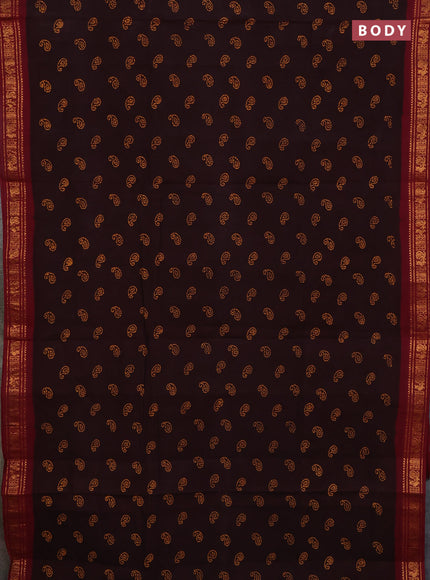 Sungudi cotton saree coffee brown and maroon with allover batik prints and zari woven border