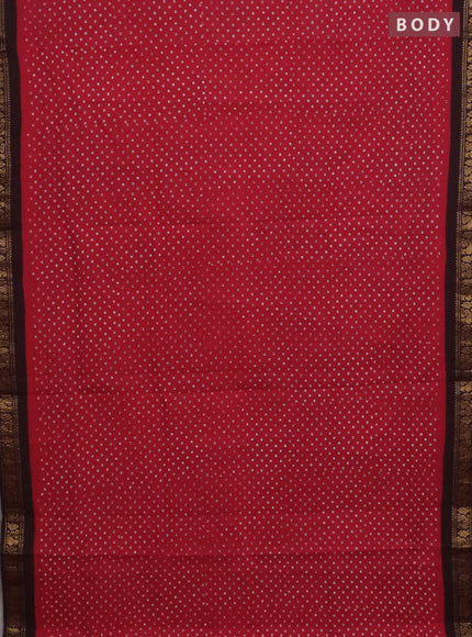 Sungudi cotton saree red and coffee brown with allover batik prints and zari woven border
