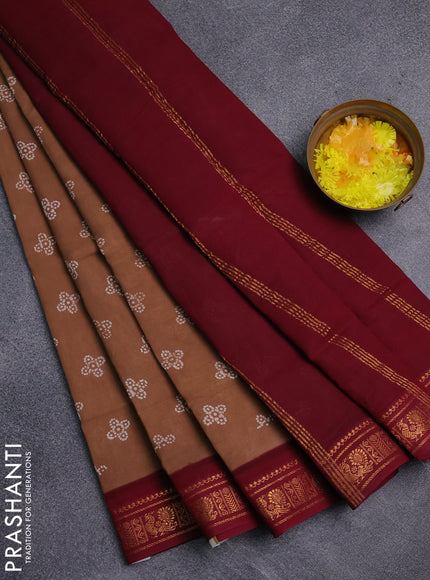 Sungudi cotton saree sandal and maroon with allover batik prints and zari woven border