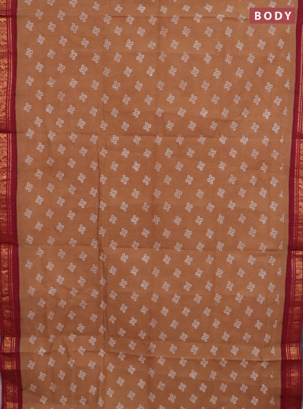Sungudi cotton saree sandal and maroon with allover batik prints and zari woven border