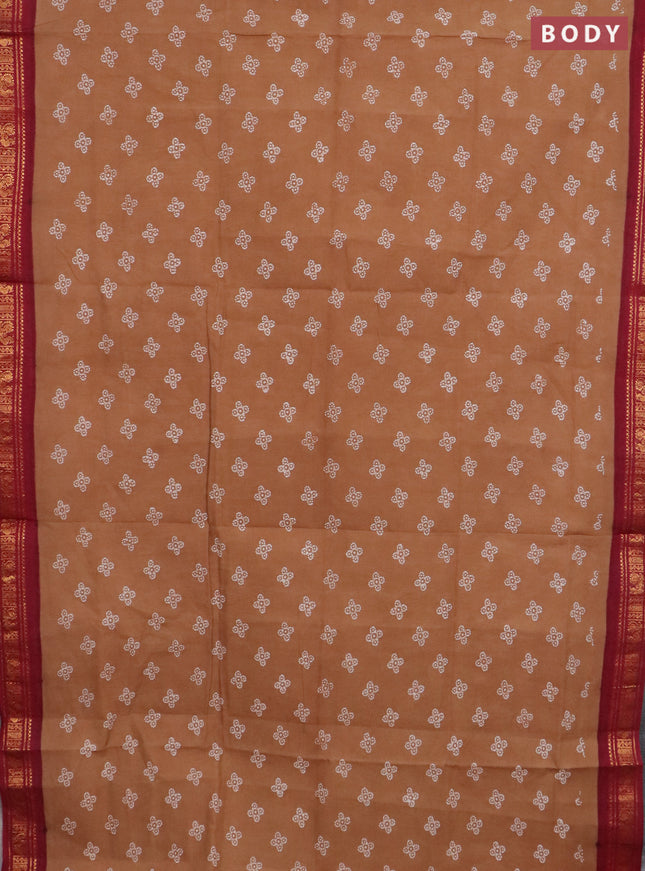 Sungudi cotton saree sandal and maroon with allover batik prints and zari woven border