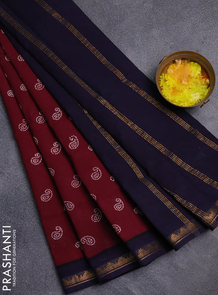 Sungudi cotton saree deep maroon and navy blue with allover batik prints and zari woven border