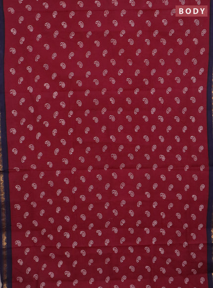 Sungudi cotton saree deep maroon and navy blue with allover batik prints and zari woven border
