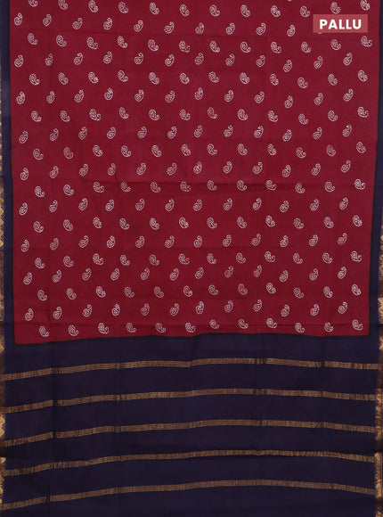 Sungudi cotton saree deep maroon and navy blue with allover batik prints and zari woven border